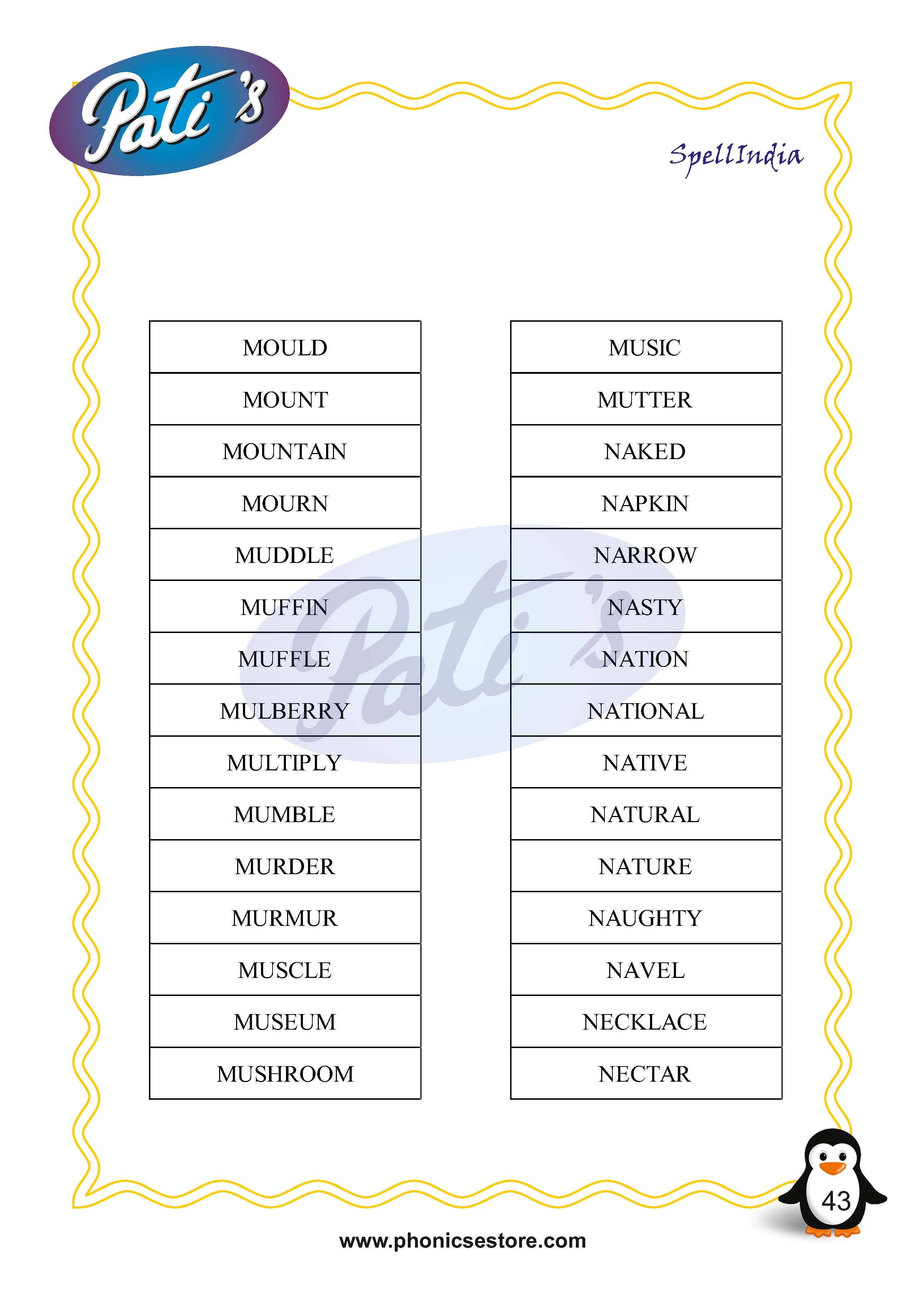 Pati Spelling Bee word list Class 3 Grade 3